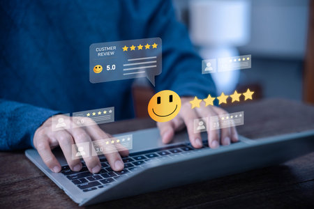 Customer feedback concept with five star rating and smiley face on digital screen, businessman typing review on laptop showing satisfaction evaluation, online service quality. review and feedbackの写真素材