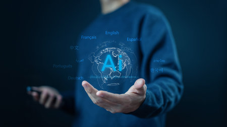 Artificial intelligence translation concept with global languages. Modern AI technology for multilingual communication, localization, and worldwide business connections in digital era. AI translationの写真素材
