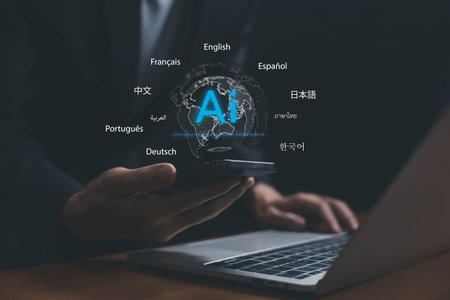 Artificial intelligence translation technology showing multiple world languages on smartphone and laptop, symbolizing global communication, multilingual support, digital business, and AI innovation.の写真素材