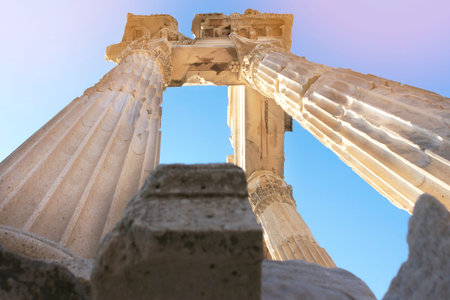 Pergamon Acropolis - Rising columns of Trajan Temple in Pergamon Acropolis on the hill Izmir TURKEY