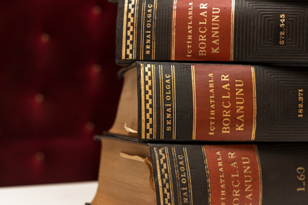 ISTANBUL - TURKEY - APRIL 17, 2017 - Old hardcover Turkish law books on shelfのeditorial素材