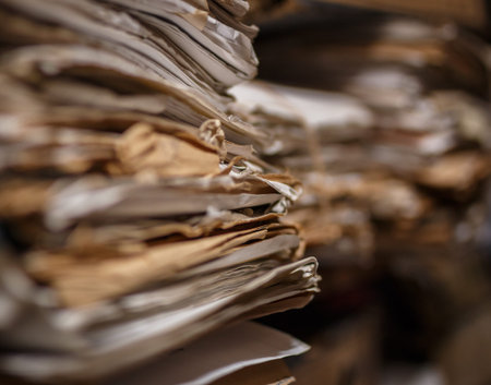 Old dusty stack of papers, files, documents on the shelves of archive room