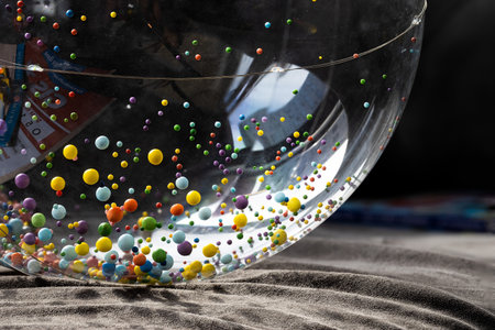 Abstarct capture of small plastic foam balls inside glass globe with reflections on textile groundの写真素材