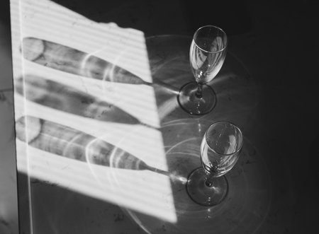 Wine glasses on the table. Black and white photo. Top view.の写真素材