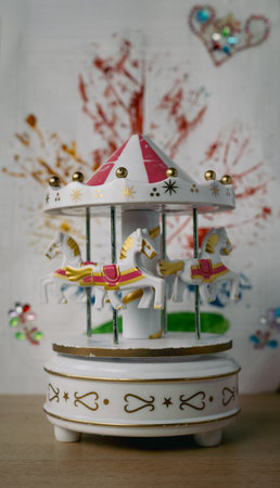 Horizontal capture of a white and pink carousel music box with gold details and tiny horses. Soft natural light highlights the textures, while a shallow depth of field creates a drの写真素材
