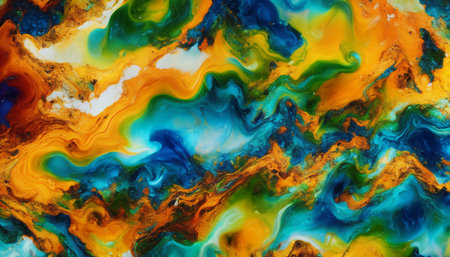 Abstract background of acrylic paint in blue, orange, yellow and green tones