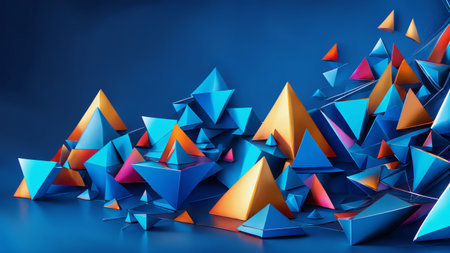 Abstract 3d rendering of low poly background with blue and orange triangles.