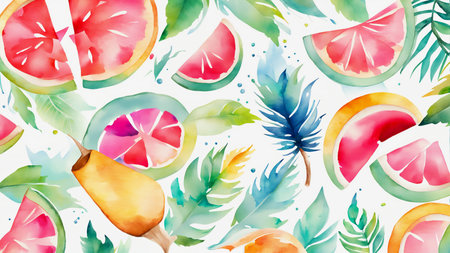 Seamless pattern with watercolor tropical fruits on a white background.の素材