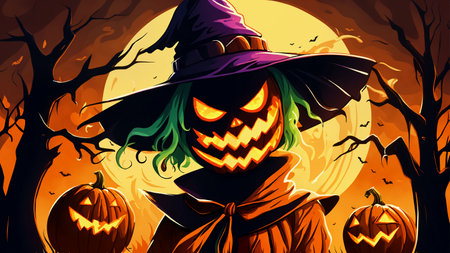 Halloween background with pumpkins and witch. Vector Illustration.の素材