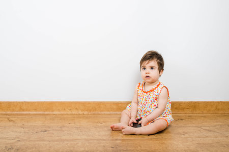 Beautiful baby sit on floor with a phoneの写真素材