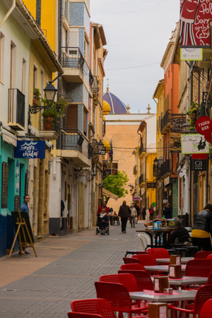 Denia, Alicante, Spain, november 21, 2018: Loreto street, well-known street with many restaurants and terracesのeditorial素材