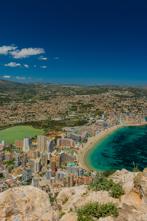 View of the area of apartments and hotels in Calpe, a beach and the salt pans from the top of the rock of Ifachの写真素材