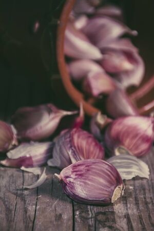 Garlic cloves on an old wooden table, coming out of a clay bowl on the table. Defocused background. Dark style. Studio shot.の写真素材