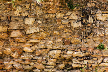 Wall of stones and clay bricks of an old house with little plants and stained with black paint. Image for backgrounds or designsの写真素材