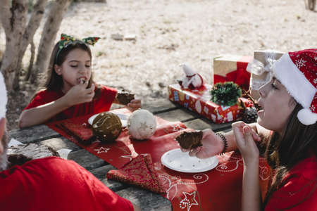 Two girls celebrating a Christmas picnic outdoors with their family, wearing Santa hats, with a table decorated with giftsの写真素材
