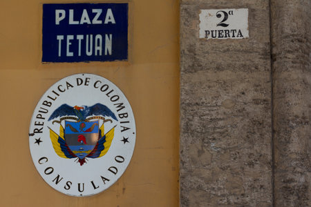 Valencia, Spain. September 27, 2020: Coat of arms of the Republic of Colombia consulate on the facade of a building near the city center. Square of Tetuanのeditorial素材