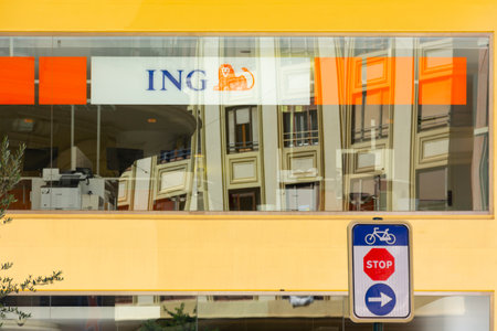 Valencia Spain. September 27, 2020: Logo of the financial company ING on the windows of the first floor of the building, in the city centerのeditorial素材