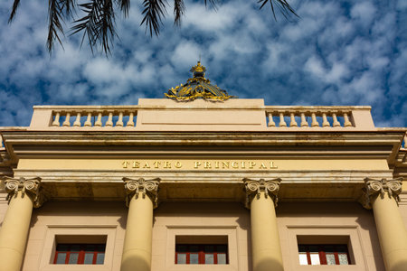 Valencia, Spain. February, 24, 2021 - Top of facade of Principal Theater of Valencia building with coat of armsのeditorial素材