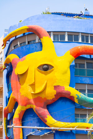 Castellon, Spain. June 14, 2021 - Edificio Sol. Sculpture created by the sculptor Juan Garcia Ripolles inaugurated in 2008, composed of iron, resin and ground Murano glass. In the El Grao neighborhoodのeditorial素材
