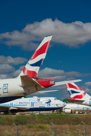 Caude, Teruel, Spain. 13th July, 2021 - Teruel Aerodrome the largest aircraft maintenance, long-term storage and recycling center in Europe. British airways airplanesのeditorial素材