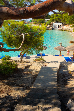 Cala Comtesa cove, Ses Illetes, Majorca, Balearic Islands, Spain. July 20th, 2022 - Stairs to the bar terrace with umbrellas at a pinewood next to the sand. Translation: Balearic school of canoeingのeditorial素材