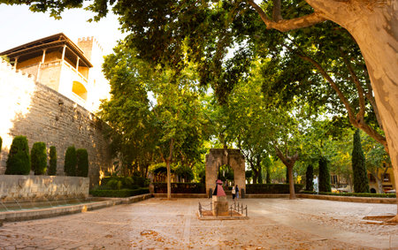 Palma, Mallorca, Balearic Islands, Spain. July 21, 2022 - Entrance to the Huerto del Rey public garden, or garden of the king. Next to the Royal Palace and square of the queenのeditorial素材