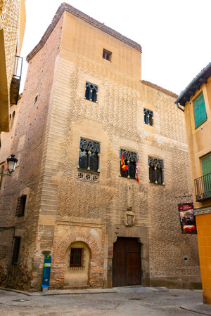 Segovia, Spain. September 14, 2022 - Facade of the Palace of Cascales, or the Count of Alpuente, with typical Segovian sgraffito, in the Mudejar style, built in the 15th century by Alonso Cascalesのeditorial素材