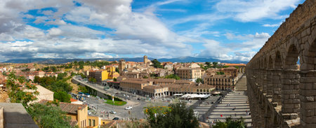Segovia, Spain. 14, September, 2022 - Panorama of the VÃ­a Roma square from the aqueduct viewpoint, next to this construction. City skyline with the roofs of the old townのeditorial素材