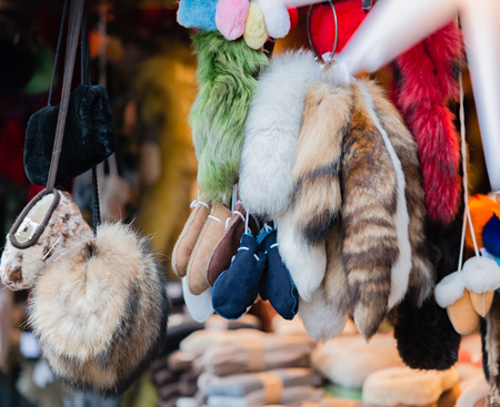 fur accessories on a Christmas marketの写真素材