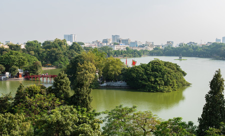 Vietnam, Hanoi skyline in the rainy season with smog cloudの写真素材