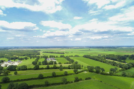 Aerial view of corn fields after a rainy seasonの写真素材