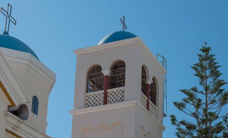 Blue white church in Kos city after an earthquake damagedの写真素材