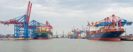 Container Terminal Eurogate Burchardkai in Hamburg, loading and unloading by the shipping company...
