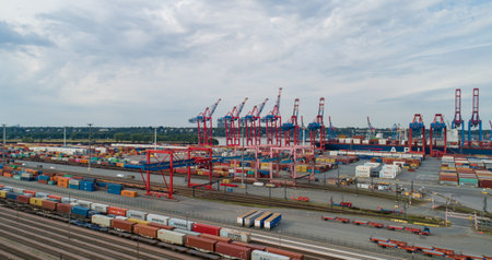 Aerial view of the container terminal Eurogate Burchardkai in Hamburg, loading and unloading of various shipping container and the Hamburg freight stationのeditorial素材