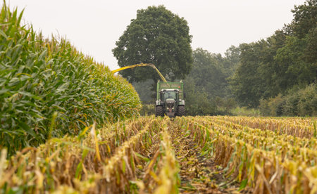 Agricultural machinery tractor and chopper during the corn harvest