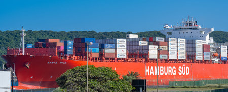 Container ship from the shipping company Hamburg SÃ¼d Santa Rita with container and helicopter to...