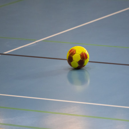 Futsal indoor football and Sports hall floor in a sports hall with various pitch linesの写真素材