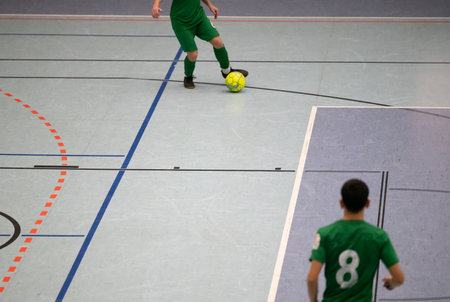 Futsal indoor football and Sports hall floor in a sports hall with various pitch linesの写真素材