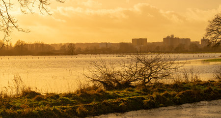 Sunset, fields and meadows flooded after a stormの写真素材