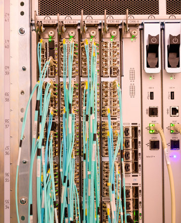 Fiber optic network cable connected to a switchの写真素材
