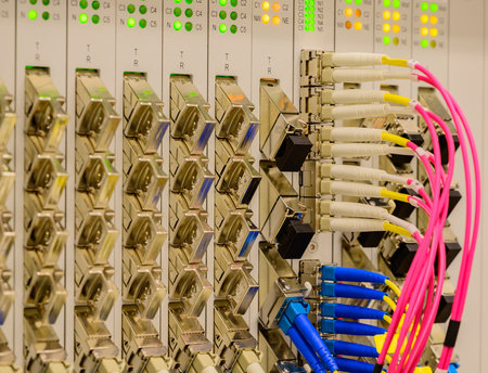 Fiber optic network cable connected to a switchの写真素材