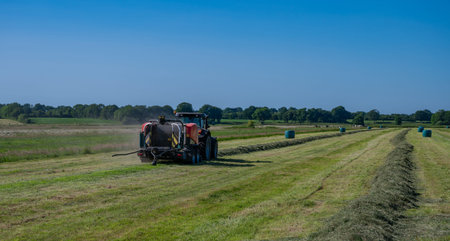 tractor with a straw chamber press during the straw harvest on a mown field