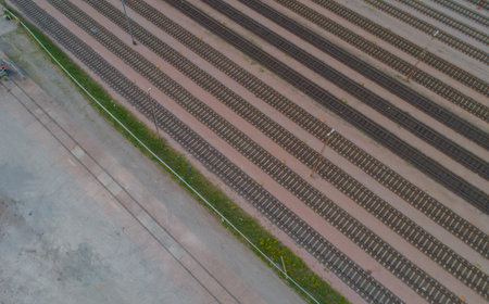 Aerial photograph of a railway track network at the Eurogate Burchardkai container terminal in Hamburgの写真素材