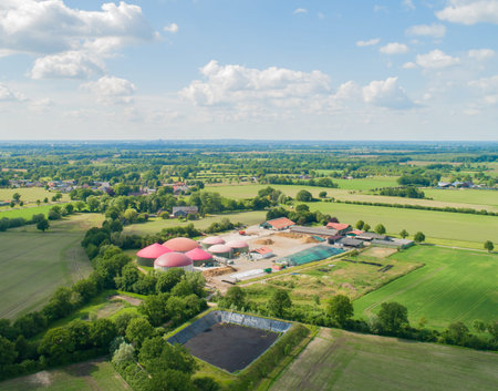 Biogas plant from the air perspective taken with a droneの写真素材