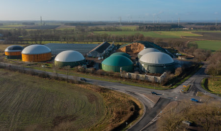 Biogas plant from the air perspective taken with a droneの写真素材