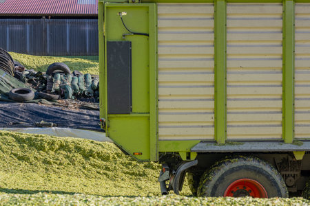 Unloading corn on a corn silage during the corn harvestの写真素材