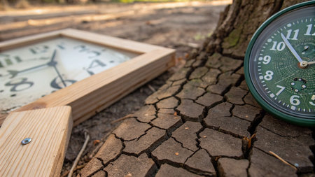 Vintage clock on the ground in the park. Time concept.
