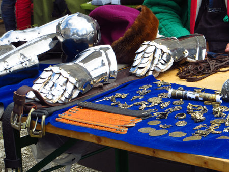Knight's table of knight's armor at the festival of medieval European culture. Leather and metal...