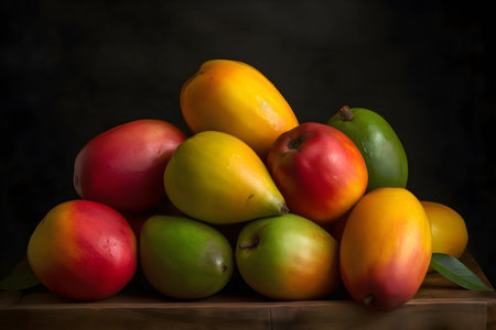 Still life of a bunch of ripe fruits mango pear and apples lying on a wooden board on a dark smoky backgroundの素材