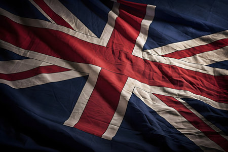 The state flag of the United Kingdom of Great Britain Union Jack made of fabric lies in a crumpled formの素材